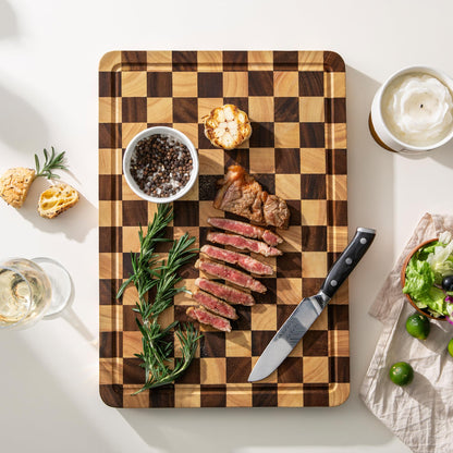 FYCTIO Wooden Cutting Boards for Kitchen, Checkered Cutting Board 1.2" Thickened, Walnut Chopping Board with Juice Grooves & Handles, Double-sided Butcher Block with Gift Box, 17" x 12"