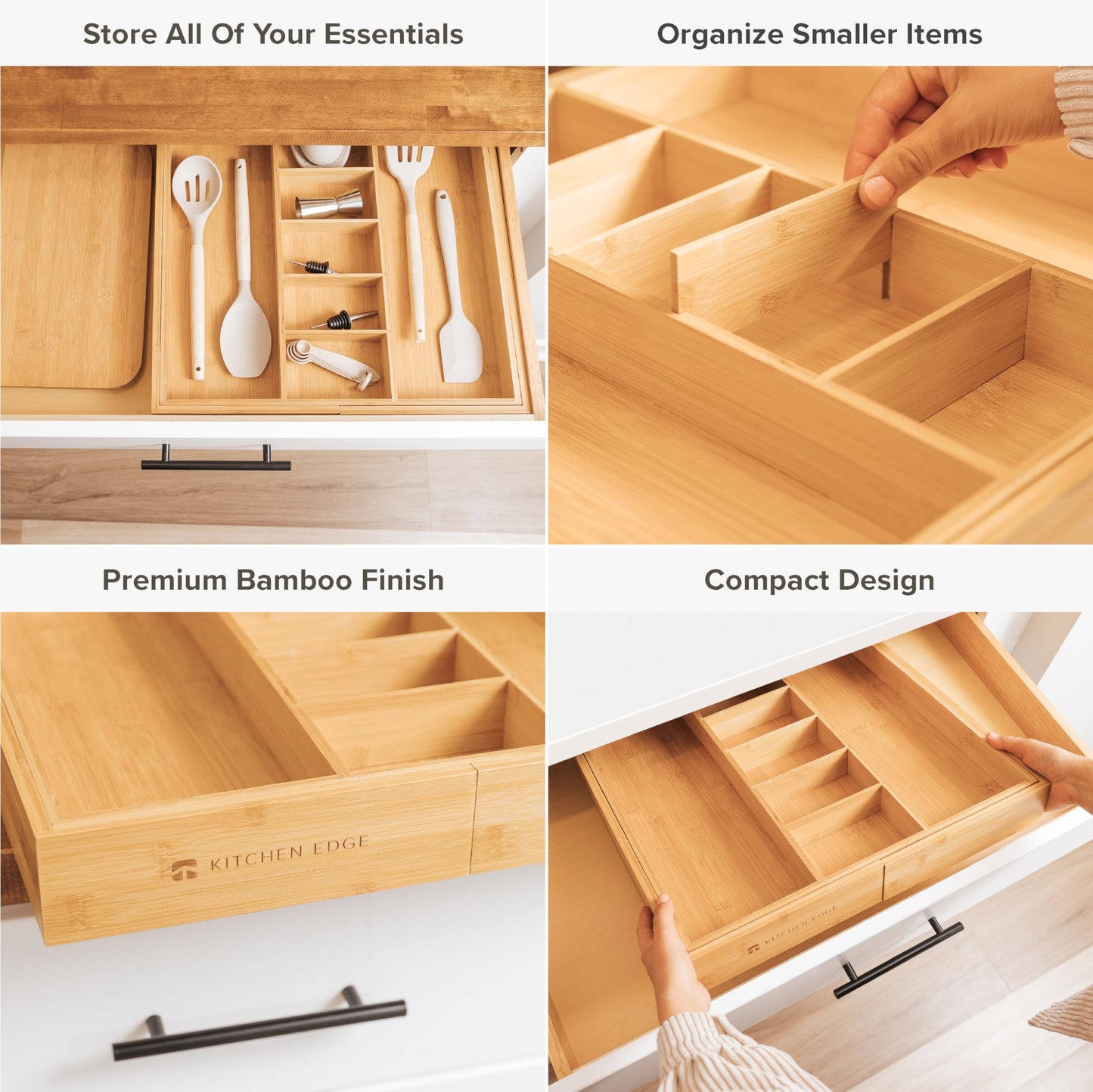 KitchenEdge Adjustable Kitchen Drawer Organizer - Expandable From 18.5 to 33 In and Adjustable Kitchen Drawer Organizer for Utensils and Junk - Expandable from 16 to 28 In Bundle