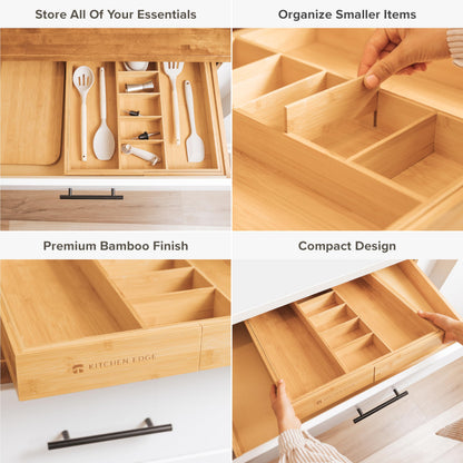 KitchenEdge Adjustable Kitchen Drawer Organizer - Expandable From 18.5 to 33 In and Adjustable Kitchen Drawer Organizer for Utensils and Junk - Expandable from 16 to 28 In Bundle
