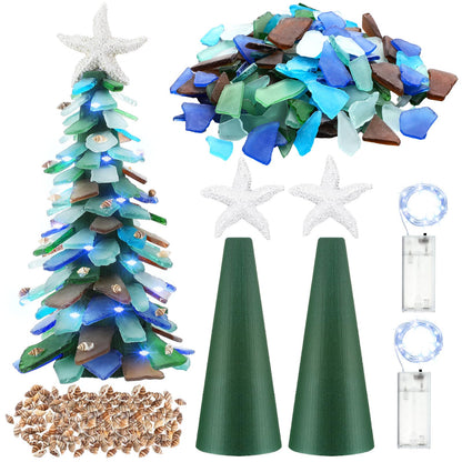 Innconee 2 Pack DIY Sea Glass Christmas Tree Handmade Kit Tabletop Shells Beach Christmas Trees Handcrafted Coastal Xmas Decor for Ocean Birthday Party Table Centerpiece (9.45'' X 3.15'')