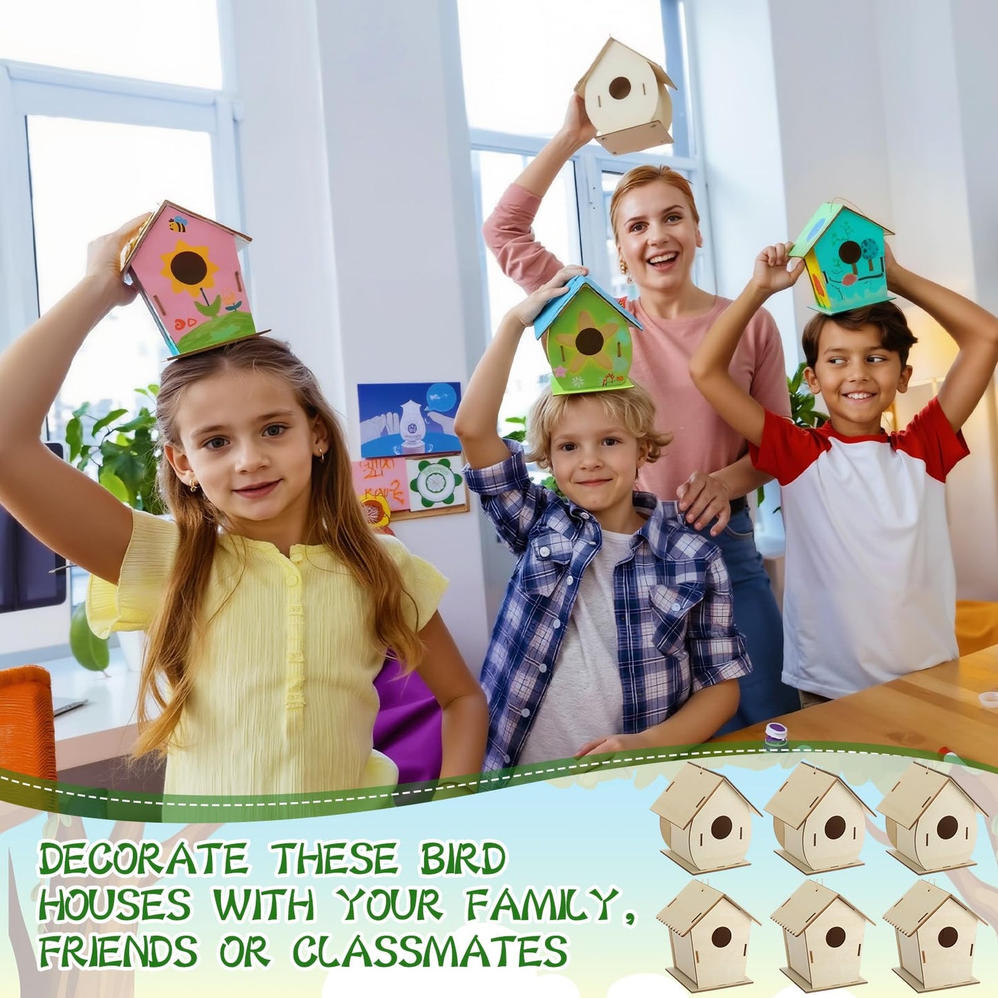 DoubleFill 30 Pcs Wooden Bird Houses Bulk for Kids Unfinished Wood Birdhouses for Children Wood Craft Project Kits for DIY Wooden Arts and Crafts for Summer VBS Crafts