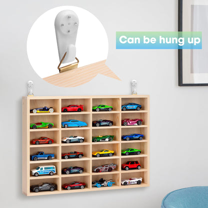 Stylish Wood Toy Cars Display Case, Wall-Mountable Organizer for Toy Cars and Matchbox Cars, Includes Hanging Screws (Wood-24 Slots)
