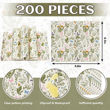 JarThenaAMCS 200 Pcs Wildflower Wax Paper Sheets Deli Paper Vintage Floral Sandwich Wrap Tissue Waterproof Oil-Proof Food Basket Liner for Spring Picnic Kitchen Supplies, 9.8 x 8.3 Inch