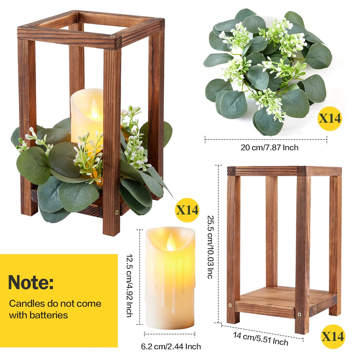 Neoflavie 42 Pcs /14 Set Wooden Wedding Lantern Centerpiece-Wooden Candle Lantern Bulk Includes 14 Farmhouse Wooden Candle Holder 14 Flameless LED Candles 14 Eucalyptus Leaves Wreath for Decoration