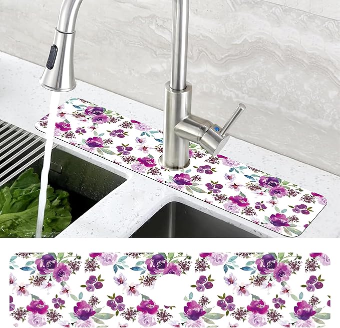 Watercolor Purple Flowers Faucet Absorbing Mat Splash Guard Draining Mat Fast