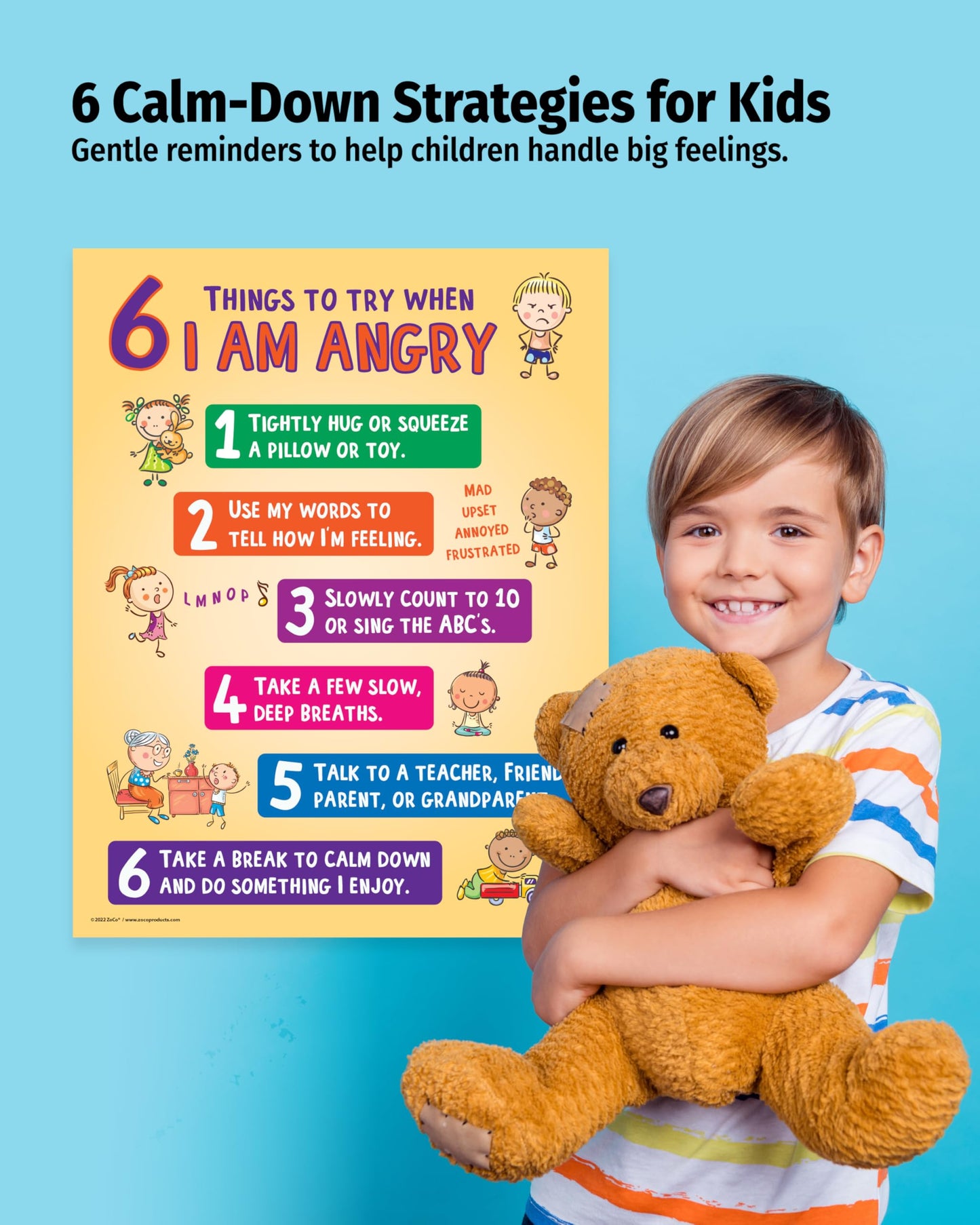 ZOCO – 6 Anger Control Strategies Poster – Calm Down and Manage Emotions for Toddlers – Classroom Behavior Management for Preschool, Daycare, and Homeschool – Made in USA