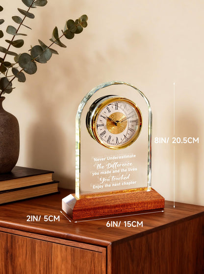 Glass Retirement Clock Gift for Woman Men with Wooden Light Base – Farewell Engraved Plaque for Coworker Boss – Going Away Leaving Gifts – Congratulations Retired Gift Idea for Friends Teacher Doctor