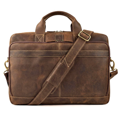 Mens Full Grain Leather Briefcase Fits 16 Inch Laptop, Leather Laptop Messenger Shoulder Satchel, Vintage Professional Work Office Bag - Brown