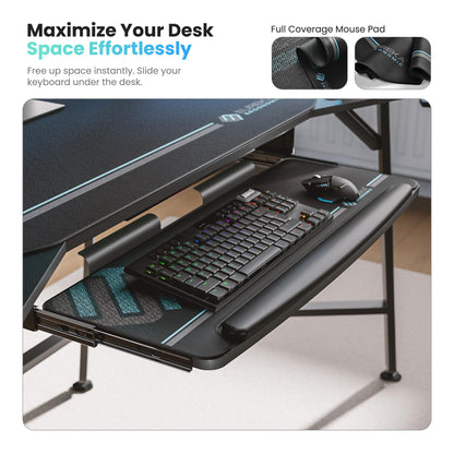 EUREKA ERGONOMIC Aero 72 Inch Gaming Desk with Keyboard Tray, Large Computer Desk Led Lights, Wing-Shaped Monitor Stand Dual Headphone Hanger Cup Holder for Studio,Streamer,Live,Black