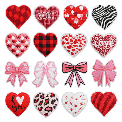 16 Pcs Valentines Iron on Patches Romantic Embroidered Sew Applique Repair Patch for Clothes, Backpacks, Red Love Heart Pink Bow Designs Iron on Patch