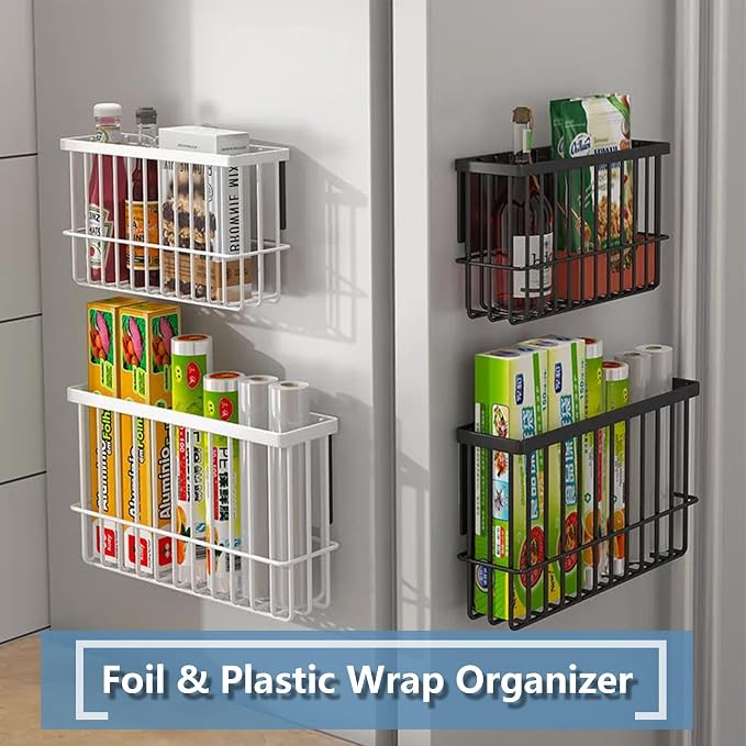 Magnetic Basket Kitchen Refrigerator Organizer Foil and Plastic Wrap Organizer for Fridge Heavy Duty Metal Storage (10.25" L x 3.2" W x 6" H, Black)