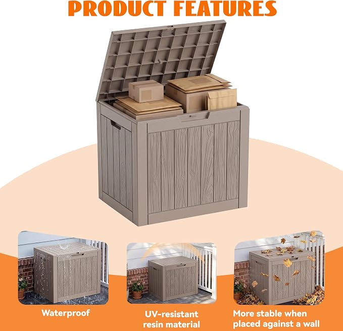 35 Gallon Package Delivery Boxes for Outside, Resin outdoor storage bin with a wood-grain pattern, Storage Cabinet for Parcel Shipping & Storage