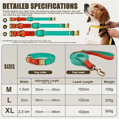 Dog Collar and Leash Set with Metal Quick Release Buckle, Adjustable, Breathable Nylon, Durable, Soft and Comfortable, No Pull for Walking and Training, Cyan, L (14.9"-22.8")