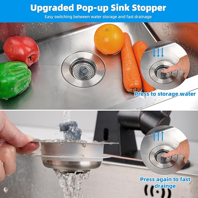 Hibbent 3 in 1 Kitchen Sink Drain Strainer, Stainless Steel Wrapped Shell Drain