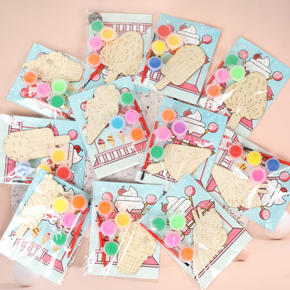 LARDUX 24pcs Ice Cream Party Favors Wood Painting Crafts - 8 Styles Ice Cream Shape Unfinished Woodchips Cutouts Craft Kits with Glow in The Dark Paint DIY Party Favors Birthday Party Decorations