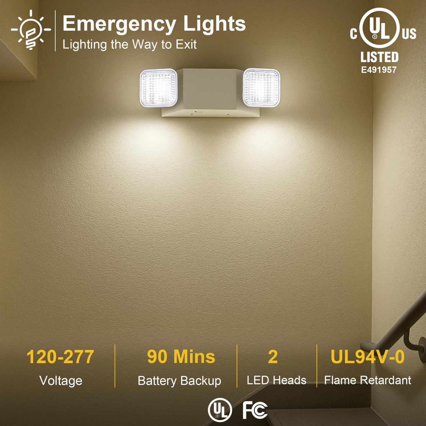 GRUENLICH LED Commercial Emergency Light with Dual Head and Backup Battery, US Standard, AC 120-277V, Hardwired Emergency Light Fixtures for Business Office Power Outages, 6-Pack