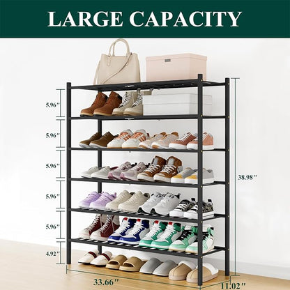 Smiry Long Bamboo Shoe Rack, 6 Tier Free Standing Wooden Shoe Organizer, Stackable Wood Shoe Storage Shelf for Closet, Entryway, 12 Vertical Slats, 2+2+2 Stack Standard Legs, 33.7"x11"x39", Black