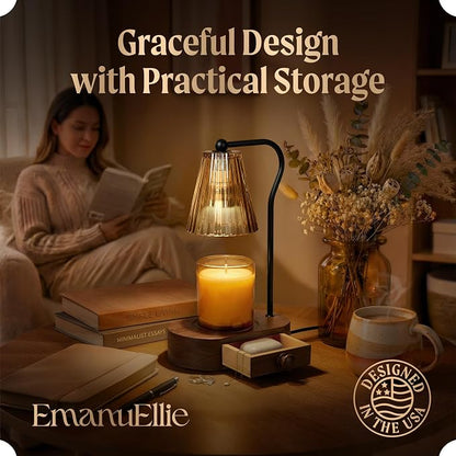 Candle Warmer Lamp with Timer & Dimmer, Black Painted Wooden Base with Drawer, Black Metal Stand, Extra Bulb Included, Candle Warming Lamp, Electric Candle Wax Warmer