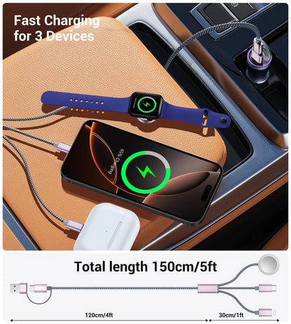 Temdan for Travel Vacation Essentials,3 in 2 USB C Cable for Apple Watch Charger/iPhone 17 Charger/Lightning,Multi Charging Cable Cord,Camping Essentials,Designed for iWatch &iPhone 16-12-5FT Purple