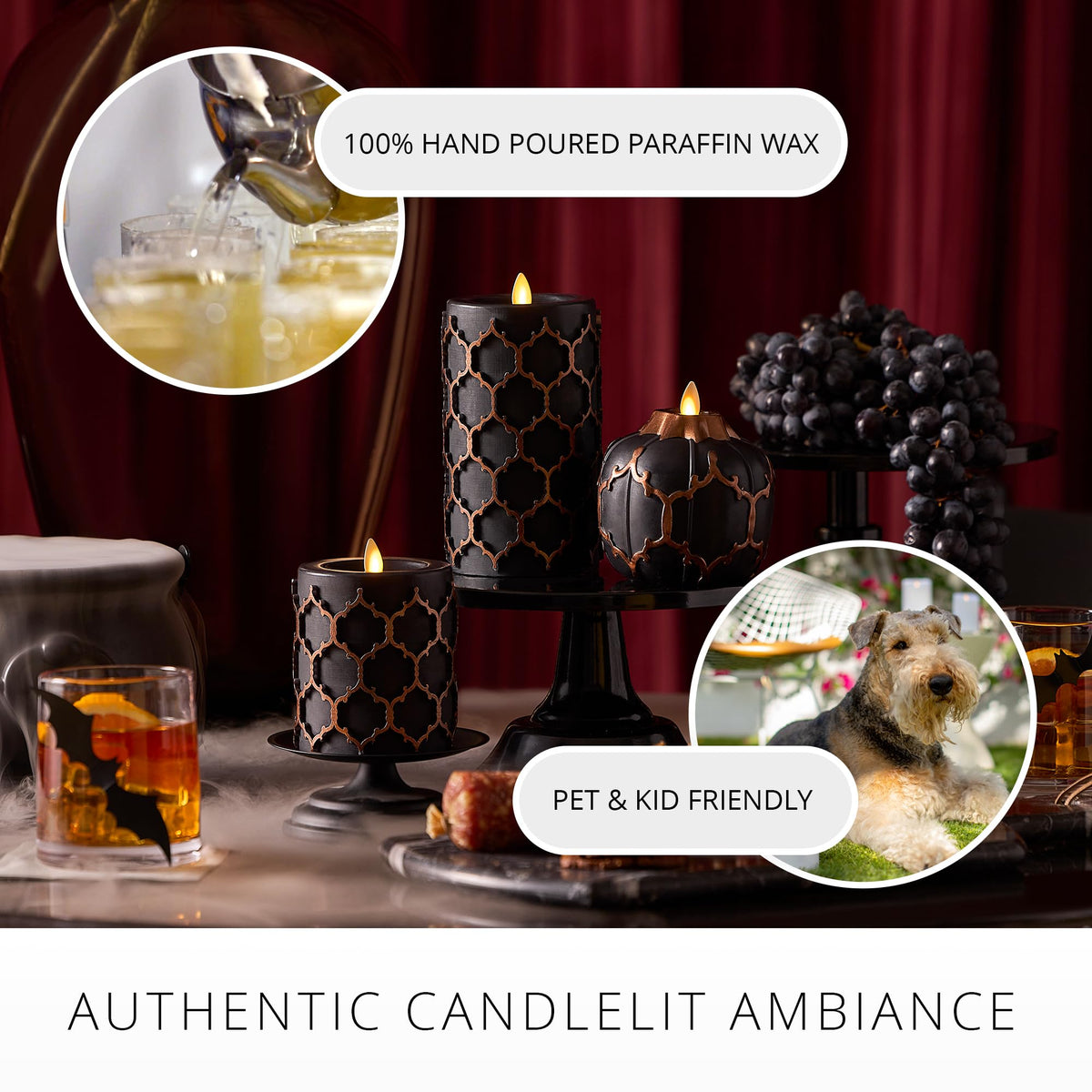 Luminara Black Embossed Fretwork Pumpkin Candle, 3.8" x 4.3" Flickering Flameless LED Light, AA Batteries (Sold Separately) w/Timer, Real Wax Indoor Fall Halloween Decor Table Mantel Decoration