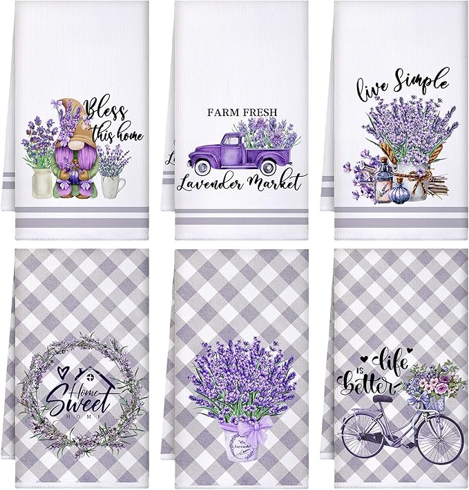 Set of 6 Lavender Kitchen Towels Purple Floral Dishtowels Rustic Absorbent