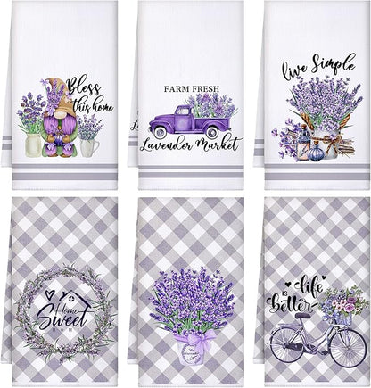 Set of 6 Lavender Kitchen Towels Purple Floral Dishtowels Rustic Absorbent