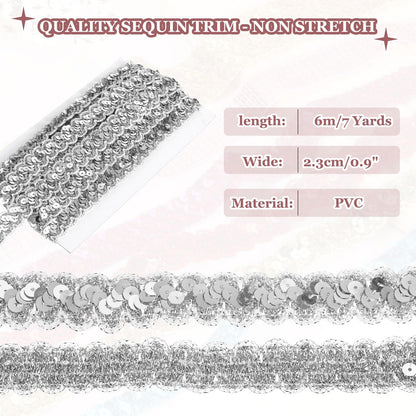 MECCANIXITY 0.9 Inch x 7 Yards Sequin Trim Silver Tone Wave Flat Sequin Braid Trim Strip Paillette Ribbon for Crafts, Embellishments, DIY Sewing Costume Decor