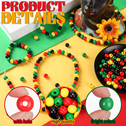 Knitgrip 300 Pcs Juneteenth Wooden Beads Black Red Green Yellow Wood Beads Ornament with Hemp Rope African American Juneteenth Freedom for Party DIY Crafts Jewelry Bracelets Keychain Making