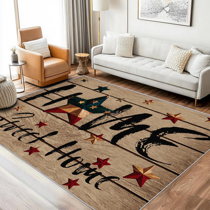 PLMHXC Country Primitive Area Rugs, 3x4ft, Home Sweet Home Vintage Wood Barn Star Rugs for Living Room, Non Slip Durable Low Pile Throw Rug, Cozy No Crease Foldable Carpets for Bedside Bedroom