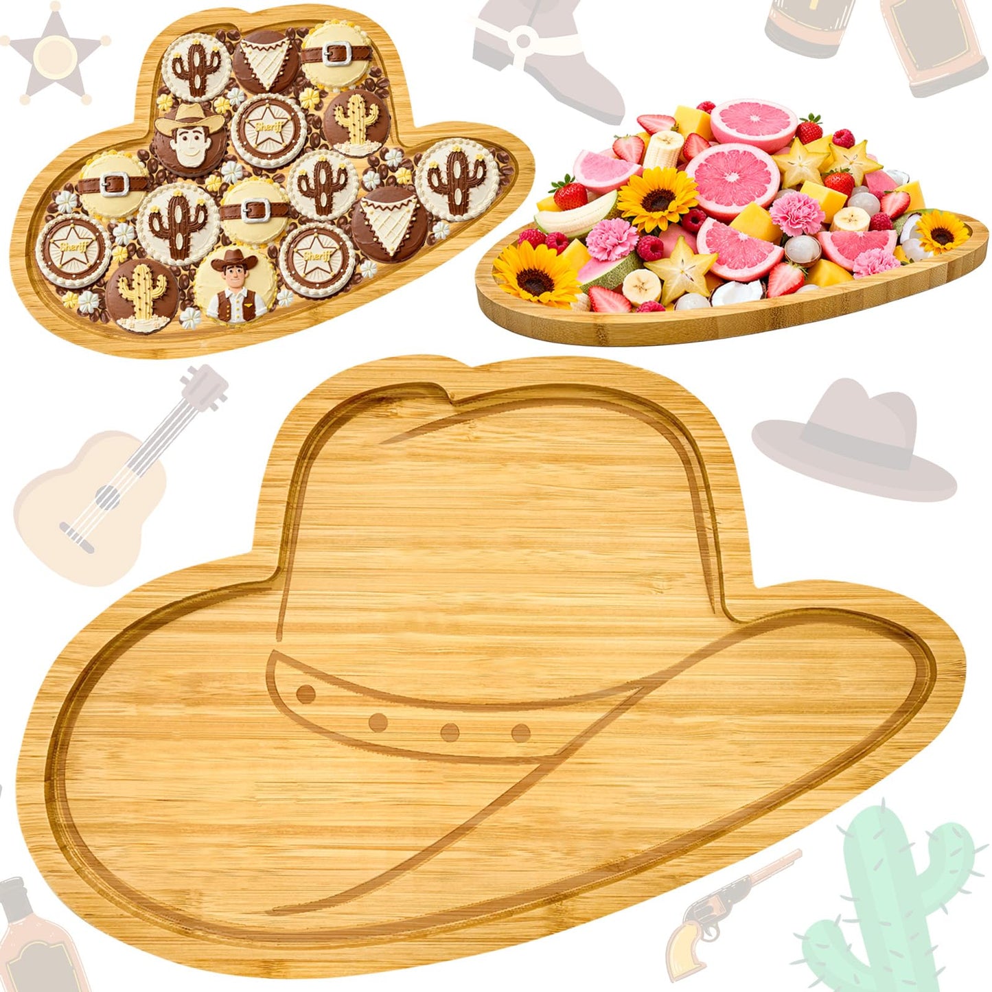 1Pcs Wooden Cowboy Baby Shower Party Decoration Hats Charcuterie Board First Rodeo Birthday Plates Cowgirl Serving Trays Reusable Fillable Food Platter for Western Gender Reveal Tabletop Supplies
