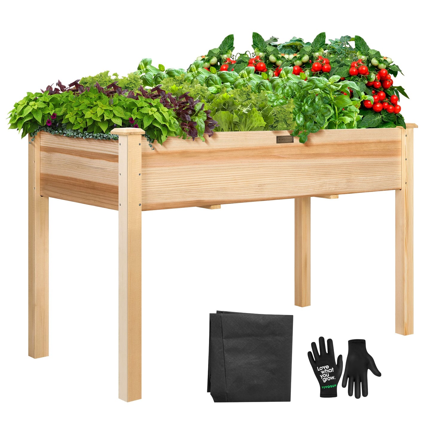 VIVOSUN Elevated Wooden Raised Garden Bed, 48 x 24 x 30 Inches, Outdoor Wood Planter Box w Bed Liner and Gloves for Garden, Patio, Balcony, Backyard and Outdoors, 220-Pound Capacity