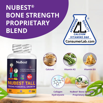 NuBest Tall 10+ Premium Bone Strength Formula, Enhanced Immunity and Overall Health for Age 10+ with Calcium, Vitamin D3, Vitamin K2, and Multivitamins | 60 Capsules | 1 Month Supply