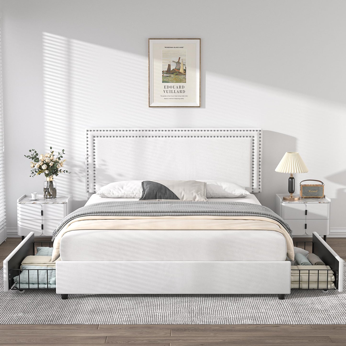 VECELO Queen Size Upholstered Platform Bed Frame with 4 Storage Drawers, Adjustable Velvet Rivets Headboard, Wooden Slats Support, No Box Spring Needed, Easy Assembly