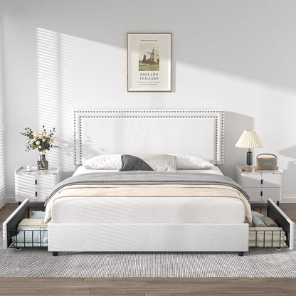 VECELO Queen Size Upholstered Platform Bed Frame with 4 Storage Drawers, Adjustable Velvet Rivets Headboard, Wooden Slats Support, No Box Spring Needed, Easy Assembly
