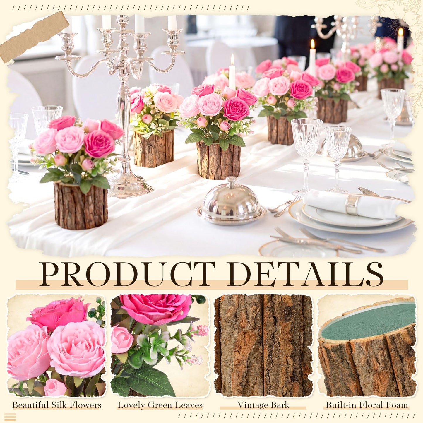 Domensi 6 Sets Wedding Floral Centerpiece for Table Decor Artificial Peonies Silk Flowers Bouquet with Flower Foam and Wooden Vase Faux Floral Arrangement for Bridal Shower Woodland Party(Rose,Pink)