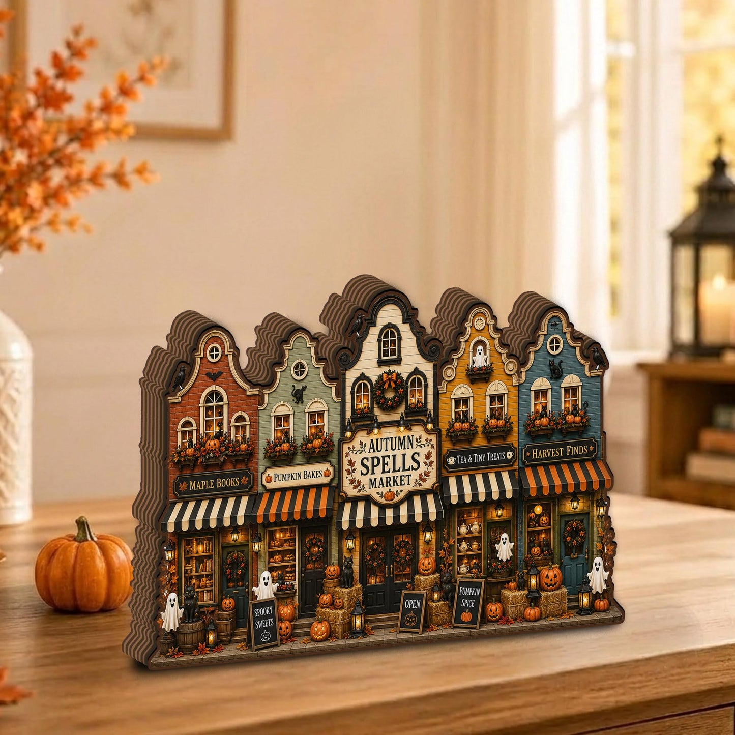 VYLARA Halloween Haunted Village Wooden Block, Rustic Spooky Town Shelf Sitter, Gothic Fall Home Decoration, Halloween Wood Sign Display