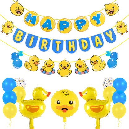 Pirese Rubber Duck Birthday Decorations Kit, Duck Birthday Banner with Balloons, Pre-Strung Duck Party Decorations for Kids, One Lucky Duck Theme