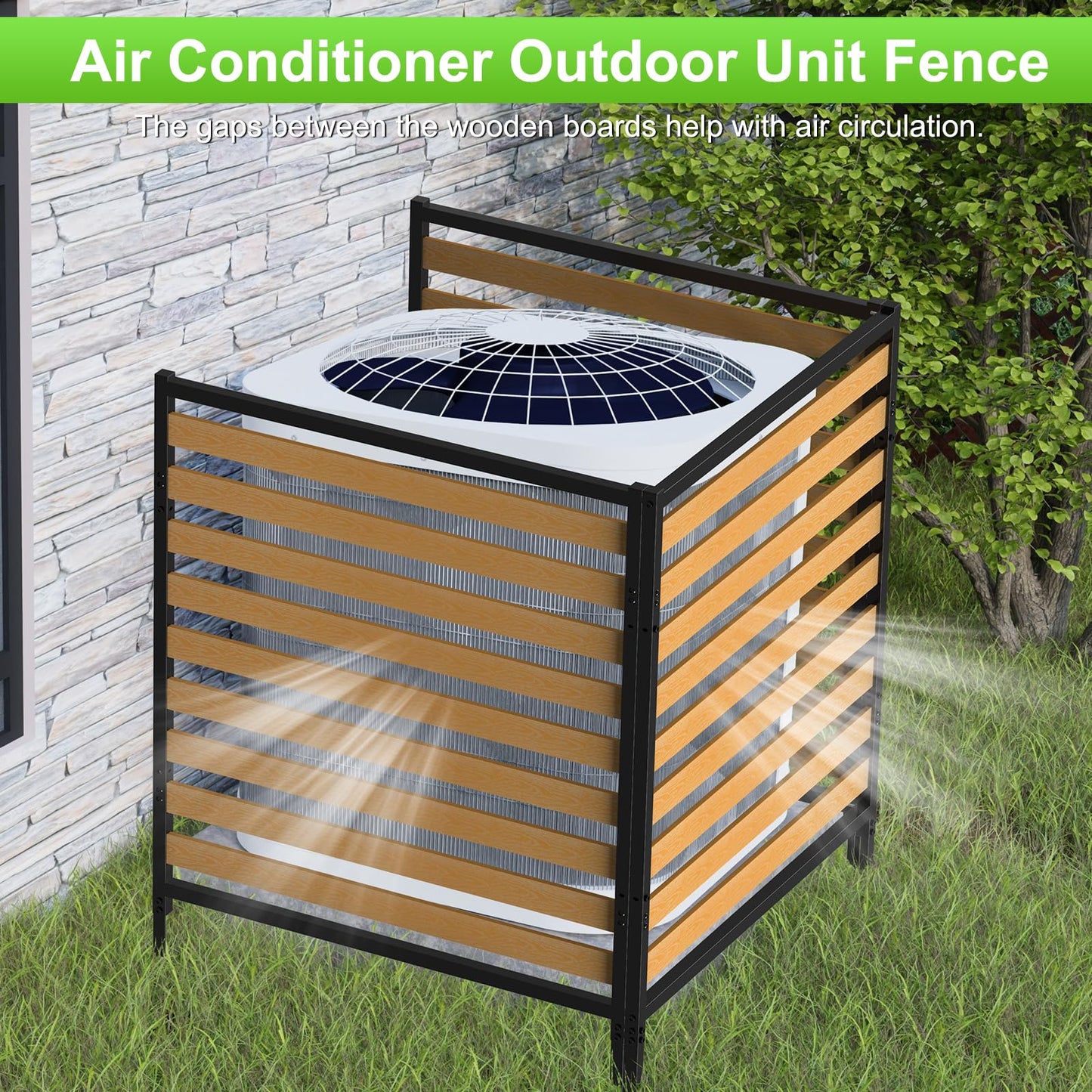 Air Conditioner Fence 1 Panel, Privacy Fence Screen 54.5" H × 39.4" W No-Dig Metal Wood Outdoor Pool Equipment Enclosure with Metal Stake, AC Unit Cover, Trash Bin Hider for Garden & Backyard