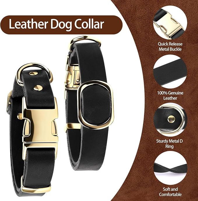 Leather Dog Collar and Leash Set, 5FT Heavy Duty Leather Training Leash with Adjustable Dog Collar, Soft and Durable Dogs Leashes and Collars Set for Small Medium Large Dogs (Black, S)