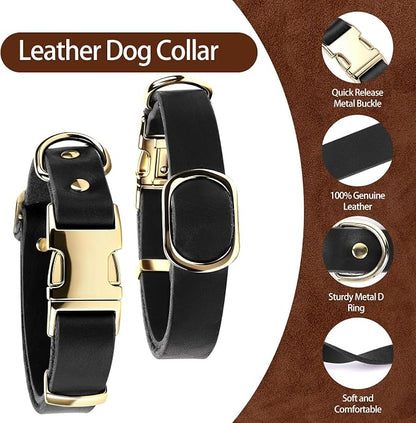 Leather Dog Collar and Leash Set, 5FT Heavy Duty Leather Training Leash with Adjustable Dog Collar, Soft and Durable Dogs Leashes and Collars Set for Small Medium Large Dogs (Black, S)