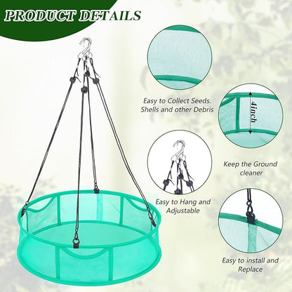 2 Pcs Bird Seed Catcher Trays, 16 Inch Green Spill Guard Platform for Hanging Feeders, Windproof Mesh Seed Hoop with Hooks, Outdoor Feeder Accessory
