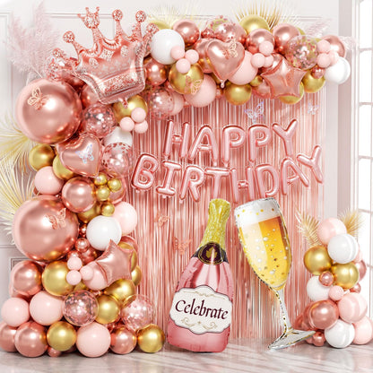 Rose Gold Birthday Decorations for Women, Happy Birthday Decorations with Fringe Curtains, Butterfly Decorations,Rose Gold Balloon Arch Kit for 16th 21st 25 30 40 50th Birthday Decor