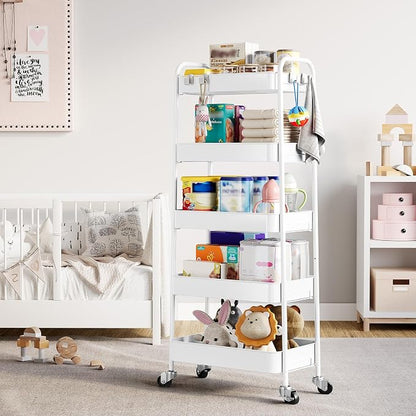 TOOLF 5-Tier Metal Rolling Cart with Wheels, Storage Utility Organizer Cart for Kitchen, Bathroom, Office, Baby Essentials & Makeup - Lockable Casters, Easy Assembly, Large Capacity, White