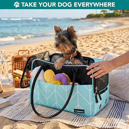 PetAmi Dog Purse Carrier for Small Dogs, Airline Approved Soft Sided Pet Carrier with Pockets, Ventilated Dog Carrying Bag for Puppy Cat, Dog Travel Supplies Bag, Sherpa Bed, Max 12 lbs, Chevron Teal