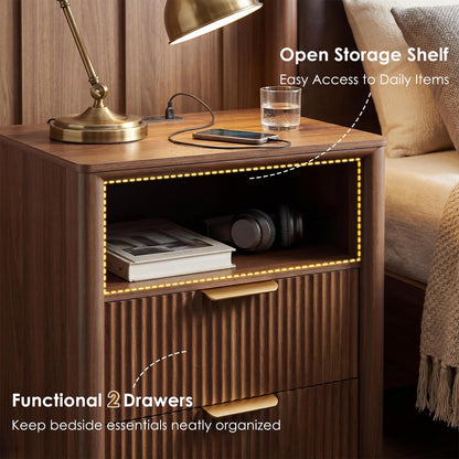 LYNCOHOME 19.7" Fluted Nightstand with Charging Station, 2 Drawer Bedside Table, Modern Night Stand with Curved Edge Design, Wooden End Table for Bedroom, Rounded Night Stand with Storage, Walnut
