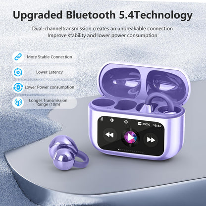 Open Ear Clip On Earbuds Intelligent Touch Color Screen Open Ear Wireless Bluetooth 5.4 Headphones Lightweight Comfort Sport Earbuds Built-in Mic IPX7 Waterproof Earphones for Running Fitness (Purple)