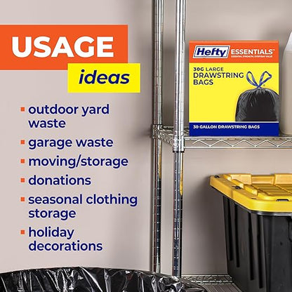 Hefty Essentials Drawstring 30 Gallon Trash Bags, Bulk Black Garbage Bags
