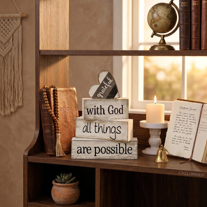 4 Pcs Christian Farmhouse Table Decor, Religious Wooden Farmhouse Tiered Tray Decorations with Heart Grateful Sign, With God All Things Are Possible Home Decor for Kitchen, Office, Mantel, Coffee Bar
