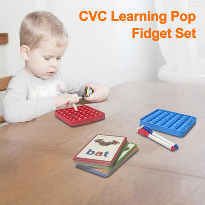CVC Learning Flash Cards 1 Set- Educational Spelling and Reading Game for Preschool and Kindergarten, Includes Colorful Erasable Pens
