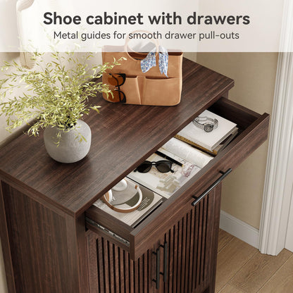 LITTLE TREE Narrow Storage Shoe Rack, 6-Tier Wooden Shoe Cabinet with Drawer, Freestanding Slim Shoe Cabinet Shoe Organizer for Entryway, Hallway, Closet, Bedroom, Living Room, Brown